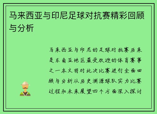 马来西亚与印尼足球对抗赛精彩回顾与分析
